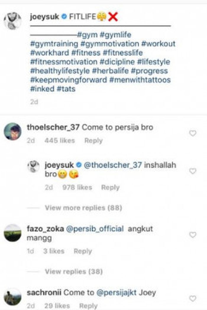 Kolom komentar unggahan foto Joey Suk,