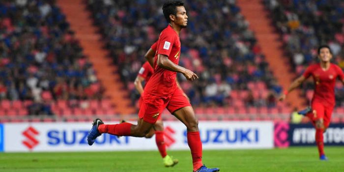   Selebrasi Zulfiandi usai mencetak gol kegawang Thailand dalam lanjutan laga Piala AFF 2018 grup B 