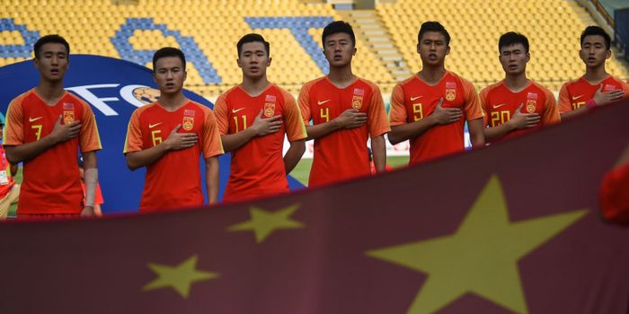 Timnas U-23 China sebelum melakoni laga Grup C Asian Games 2018 kontra Timor Leste di Stadion Si Jalak Harupat, Bandung.