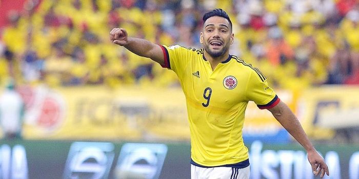 Reaksi striker Kolombia, Radamel Falcao, dalam laga Kualifikasi Piala Dunia 2018 di Barranquilla, Ko