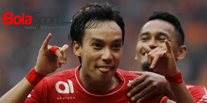 Selebrasi winger Persija, Novri Setiawan seusai mencetak gol ke gawang Barito Putera.