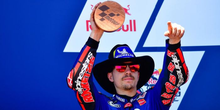 Ekspresi Maverick Vinales (Movistar Yamaha) usai tampil sebagai runner up balapan MotoGP Americas