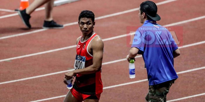 Sprinter asal Indonesia, Lalu Muhammad Zohri bereaksi sehabis final nomor lari 100 meter putra 