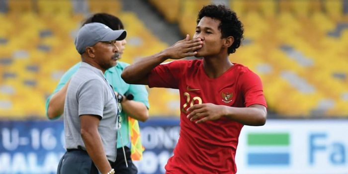    Selebrasi striker timnas U-16 Indonesia, Amiruddin Bagus Kahfi Alfikri saat mencetak gol ke gawan