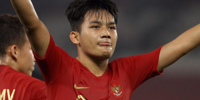 Pemain timnas uU-19 Indonesia, Witan Sulaeman, merayakan gol ke gawang Uni Emirat Arab pada laga fas
