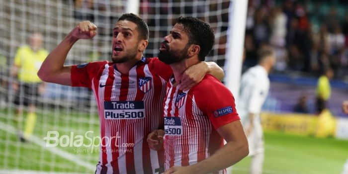 Pemain Atletico Madrid, Koke dan Diego Costa, merayakan gol pada pertandingan Piala Super Eropa 2018