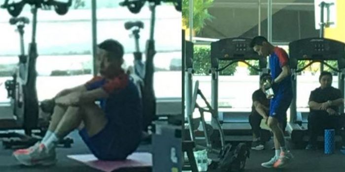Pebulu tangkis tunggal putra terbaik Malaysia, Lee Chong Wei, saat menjalani latihan fisik.