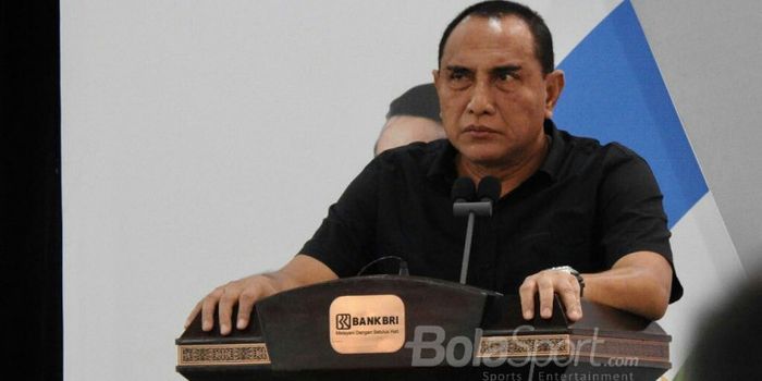    Ketua Umum PSSI, Edy Rahmayadi pada acara kerja sama PSSI-BRI, Rabu (1/8/2018).   