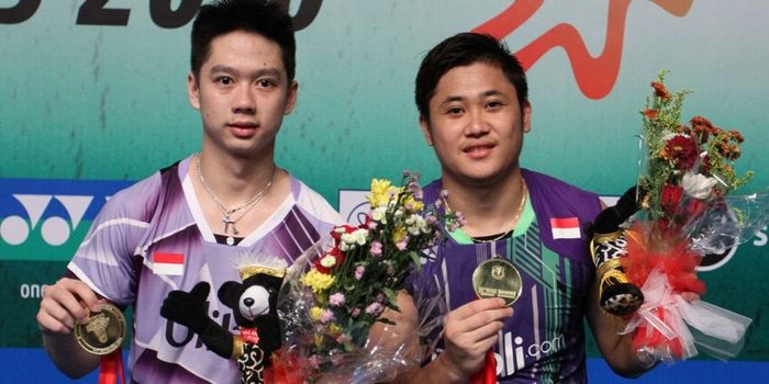 Pasangan ganda putra Indonesia, Wahyu Nayaka Arya Pankaryanira (kanan) dan Kevin Sanjaya Sukamuljo, 