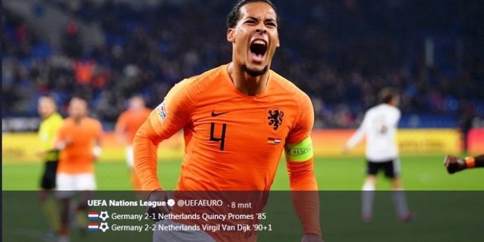 Selebrasi kapten Belanda, Virgil van Dijk, seusai menjebol gawang Jerman pada laga UEFA Nations Leag