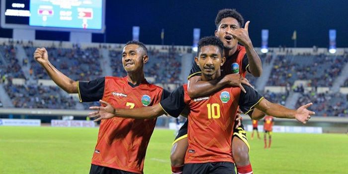  Selebrasi pemain timnas U-22 Timor Leste merayakan gol Henrique Cruz (10) ke gawang Kamboja pada fi