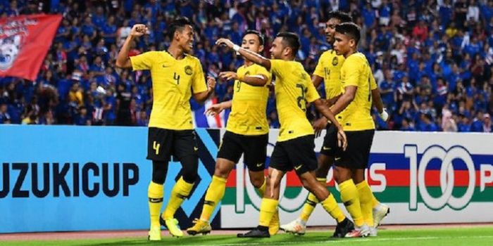 Pemain timnas Malaysia merayakan gol Syahmi Safari ke gawang Thailand semifinal Piala AFF 2018, Rabu (5/12/2018).