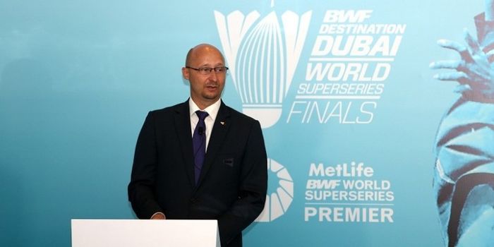 Sekretaris Jenderal BWF Thomas Lund, ketika menghadiri launching BWF Superseries Finals Dubai, 27 De