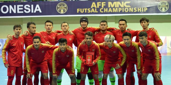 Timnas futsal Indonesia sebelum laga melawan Malaysia di Piala AFF Futsal 2018.