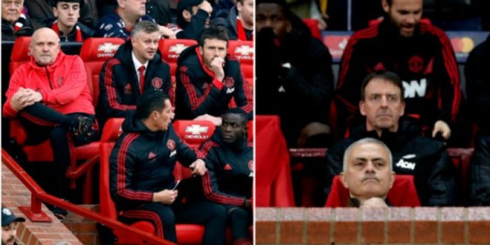 Perbedaan posisi duduk Ole Gunnar Solskjaer dengan Jose Mourinho saat jadi pelatih Manchester United