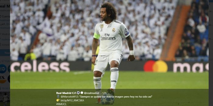 Bek sayap Real Madrid, Marcelo Vieira, mengontrol bola dalam laga Liga Champions melawan CSKA Moskva