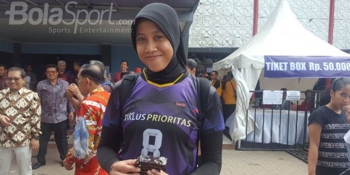 Pemain Bank Jatim, Megawati Hangestri usai membawa timnya melaju ke babak final Livoli 2017 setelah meng