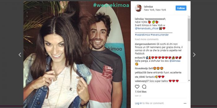 Unggahan Instagram Linda Morselli, mantan kekasih Valentino Rossi itu kini berpacaran dengan Fernando Alonso (kanan).