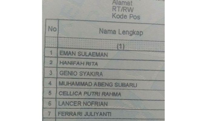 Kartu keluarga Eman Sulaiman.