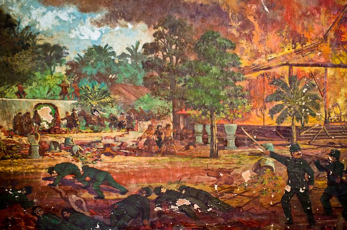Gambaran penyerangan kediaman Pangeran Dipanagara oleh Belanda, 20 Juli 1825, pemicu Perang Jawa. Lukisan koleksi Museum Sasana Wiratama, Yogyakarta.