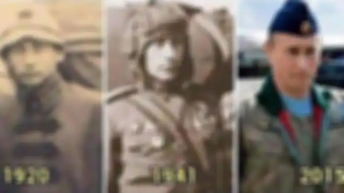 Presiden Rusia Vladimir Putin (2015) dan dua prajurit Rusia dari perang berbeda (1920 dan 1941) yang memiliki kesamaan wajah satu sama lain.