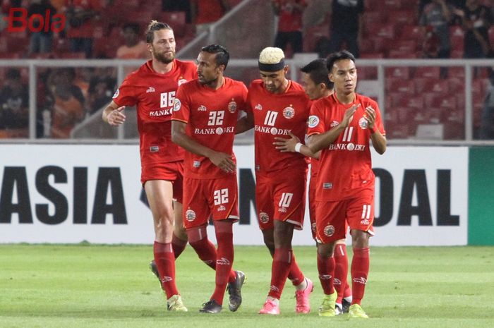 Skuat Persija Jakarta merayakan gol yang dicetak Bruno Matos, pada laga Piala AFC 2019 kontra Shan United di Stadion Utama Gelora Bung Karno, Rabu (15/5/2019).