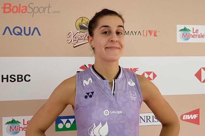 Pebulutangkis Korea Spanyol, Carolina Marin, yang ditemui usai memenangkan pertandingan di perempat final Indonesia Open 2023, di Istora Senayan, Kawasan Jakarta Selatan, Jumat (16/06/2023).