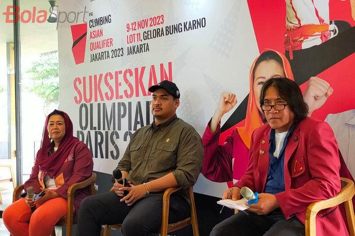 Konferensi Pers IFSC Climbing Asian Qualifier Jakarta 2023, yang dihadiri oleh Ketua Umum FPTI, Yenny Wahid dan Menteri Pemuda dan Olahraga, Dito Ariotedjo, yang diselenggarakan di Hotan Kota, Gelora Bung Karno, Jakarta, Selasa (7/11/2023).