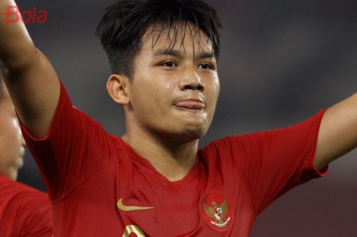 Pemain timnas uU-19 Indonesia, Witan Sulaeman, merayakan gol ke gawang Uni Emirat Arab pada laga fas