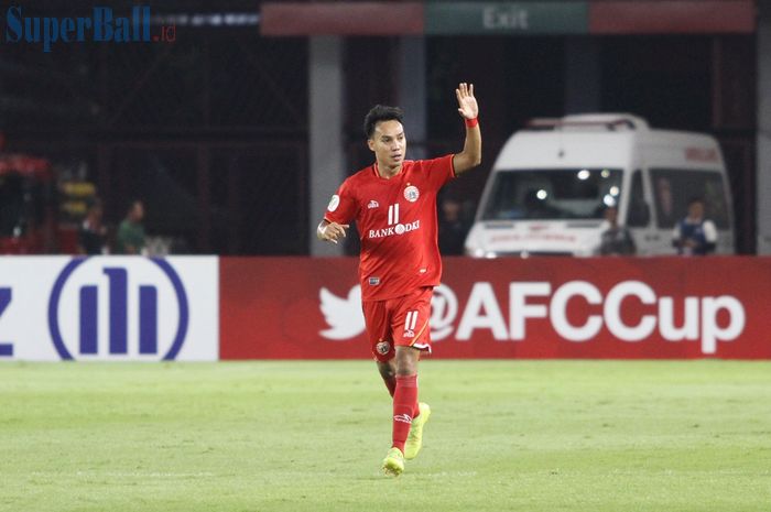 Pemain Persija Jakarta, Novri Setiawan merayakan gol yang dicetaknya, pada laga Piala AFC 2019 kontra Shan United di Stadion Utama Gelora Bung Karno, Rabu (15/5/2019).