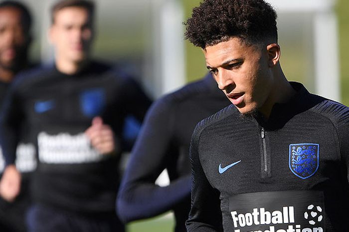 Gelandang timnas Inggris, Jadon Sancho, saat mengikuti sesi latihan tim di St George's Park, Burton-