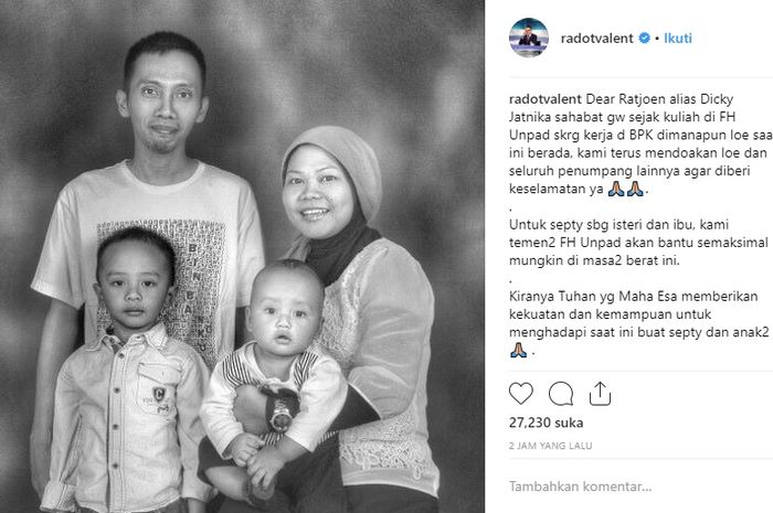 Unggahan Valentino 'Jebret' tentang sahabatnya yang menjadi korban jatuhnya pesawat Lion Air JT 610