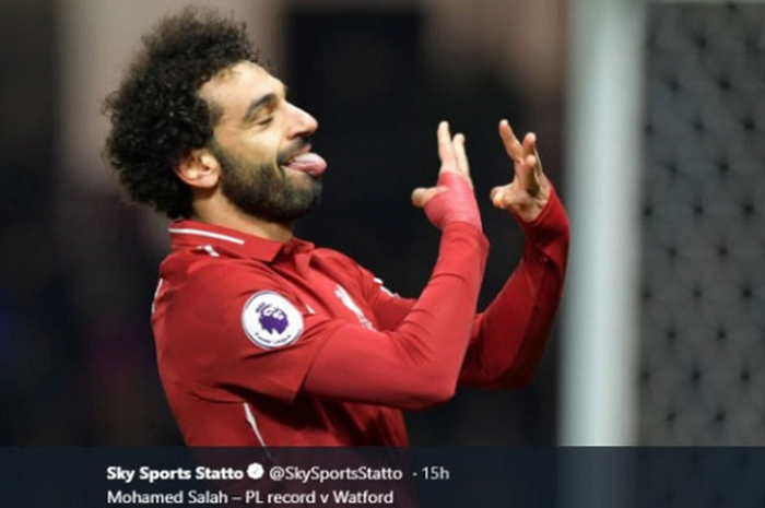 Mohamed Salah merayakan gol saat Liverpool menang 3-0 atas Watford pada laga pekan ke-13 Liga Inggris, Sabtu (24/11/2018).