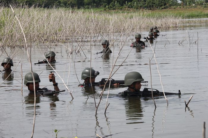 Pasukan Raider Kostrad sedang berlatih patroli di rawa-rawa.