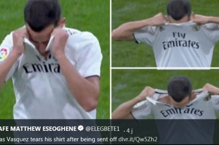 Pemain Real Madrid, Lucas Vasquez, merobek bajunya saat laga melawan Real Sociedad di Santiago Bernabeu, Minggu (6/1/2019)