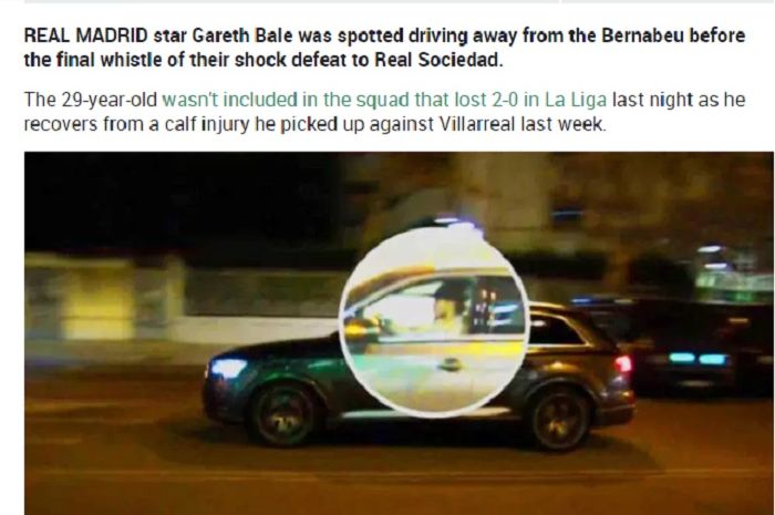 Pemain sayap Real Madrid, Gareth Bale yang meninggalkan Stadion Santiago Bernabeu menggunakan mobilnya saat laga Real Madrid Vs Real Sociedad belum usai, (7/1/2019).