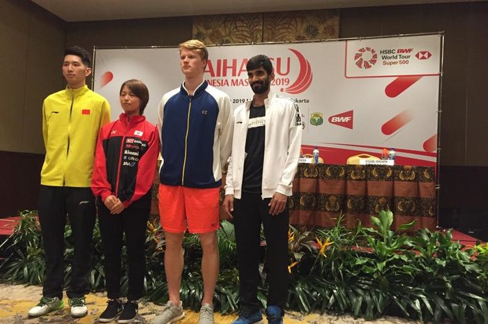 pemain tunggal putra China Han Chengkai, tunggal putri Jepang Yuki Fukushima, tunggal putra Denmark Anders Antonssen, dan tunggal putra India Kidambi Srikanth, hadir pada konferensi pers Indonesia Masters 2019 di Senayan, Jakarta, Senin (21/1/2019).