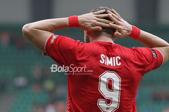 Penyerang Persija Jakarta, Marko Simic, melakukan selebrasi seusai mencetak gol ke gawang 757 Kepri Jaya