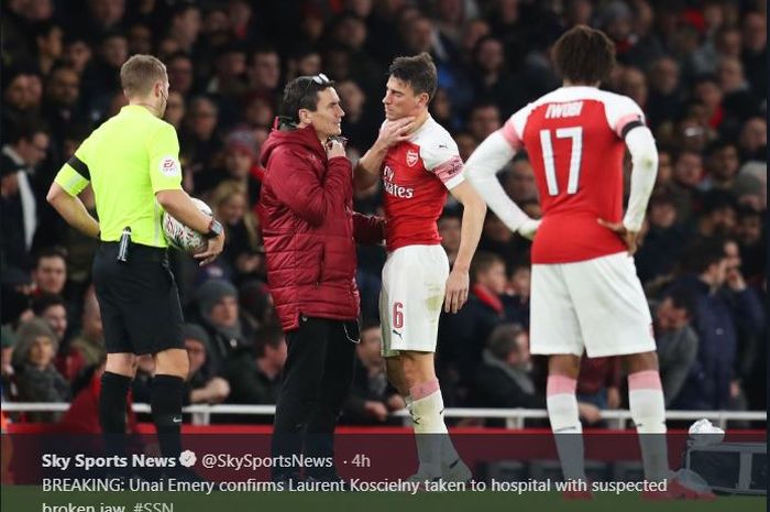 Kapten Arsenal, Laurent Koscielny, mengalami cedera rahang saat menghadapi Manchester United dalam laga Piala FA di Stadion Emirates, Jumat (25/1/2019).