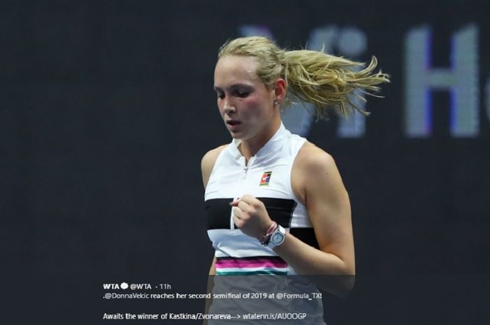 Ekspresi Donna Vekic setelah mengandaskan Kvitova pada babak perempat final St Petersburg Ladies Trophy, Jumat (1/2)