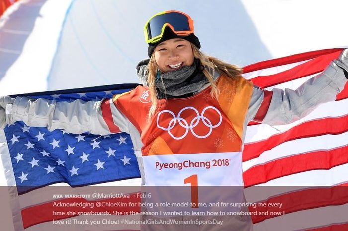 Chloe Kim ketika meraih medali emas di Olimpiade Musim Dingin Pyeongchang 2018.