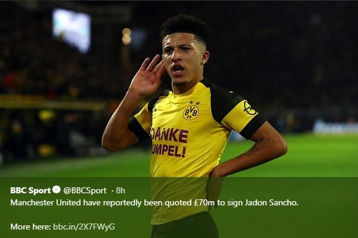 Pemain sayap Borussia Dortmund, Jadon Sancho dikabarkan akan ditebus oleh Manchester United sebesar 70 juta pound atau setara Rp 1,2 Trilyun.