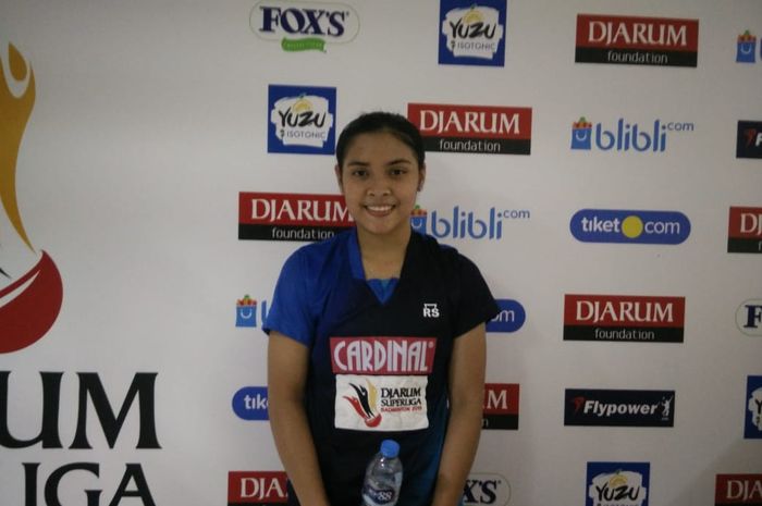 Pebulu tangkis tunggal putri Mutiara Cardinal, Gregoria Mariska Tunjung, berpose setelah menjalani laga melawan Granular pada Djarum Badminton Superliga 2019 di GOR Sabuga, ITB, Bandung, Selasa (19/2/2019).