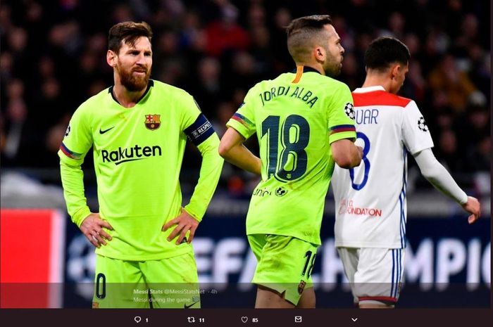 Ekspresi megabintang Barcelona, Lionel Messi, dalam partai Liga Champions kontra Lyon di Parc Olympique Lyonnais, 19 Februari 2019.