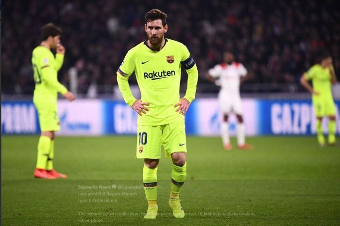 Ekspresi megabintang Barcelona, Lionel Messi, dalam partai Liga Champions kontra Lyon di Parc Olympique Lyonnais, 19 Februari 2019.
