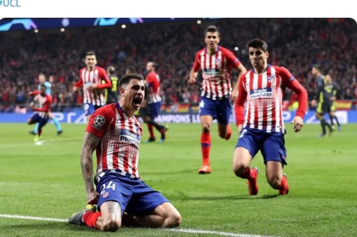 Bek Atletico Madrid, Jose Gimenez, merayakan gol yang dicetak ke gawang Juventus dalam laga leg pertama babak 16 besar Liga Champions di Stadion Wanda Metropolitano, Rabu (20/2/2019).