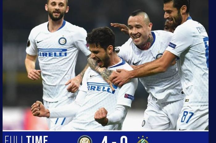 Andrea Ranocchia mencetak gol saat Inter Milan kalahkan Rapid Wien di Liga Europa.