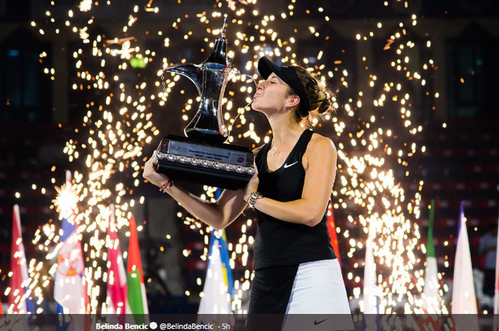 Petenis putri asal Swiss, Belinda Bencic, berhasil menjuarai Dubai Tennis Chmpionships 2019 setelah kalahkan Petra Kvitova, Sabtu (23/2/2019).