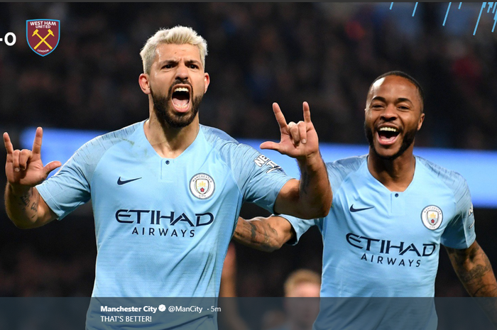 Sergio Aguero mencetak gol buat Manchester City dalam laga pekan ke-28 Liga Inggris melawan West Ham, Rabu (27/2/2019).