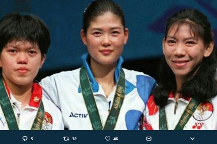 Bang Soo-hyun saat naik podium Olimpiade 1996 di Atlanta, usai mengalahkan Susy Susanti (kanan) di babak semi final dan Mia Audina (kiri) di babak final.